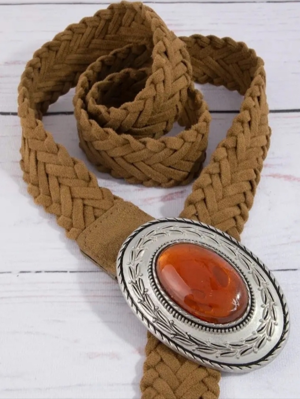 Available In Brown Or Black Braided Faux Suede Belt with Amber Stone Concho